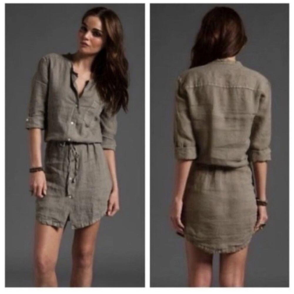 James Perse Linen Drawstring Shirt Dress Greystone